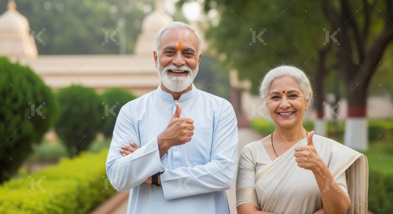 Happy indian senior couple showing thumbs up together