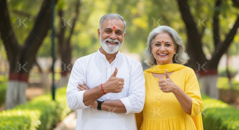 Happy indian senior couple showing thumbs up together