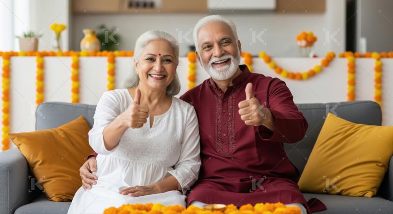 Happy indian senior couple showing thumbs up together