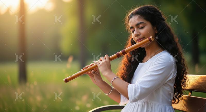 Close up of happy indian girl playing flute