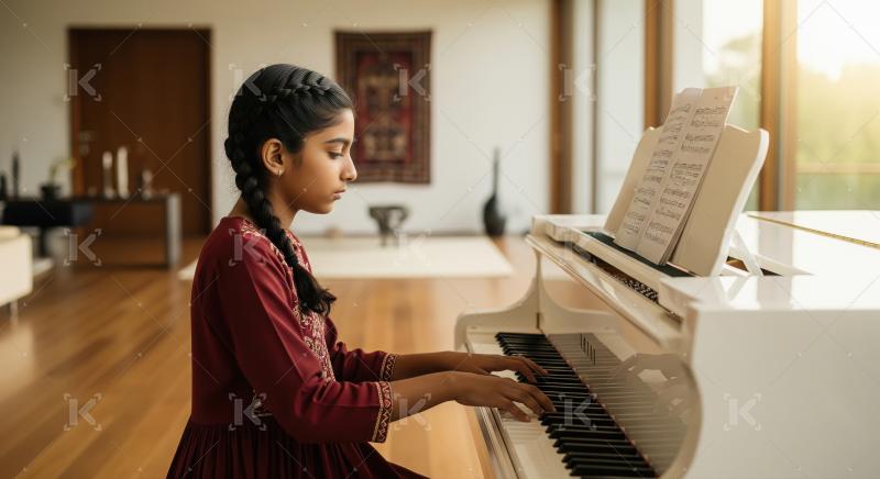 Indian little girl sitting at the piano experimenting with musical notes