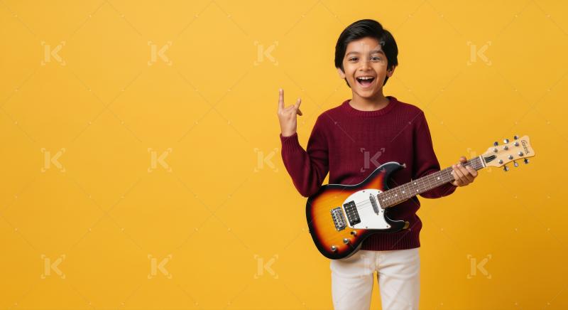 Happy indian boy playing guitar