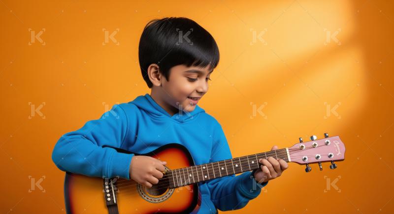 Happy indian boy playing guitar