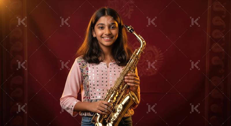 Happy indian girl playing saxophone standing on red background