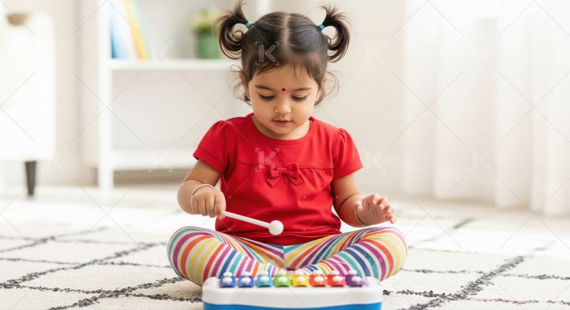 Happy little indian girl playing xylophone