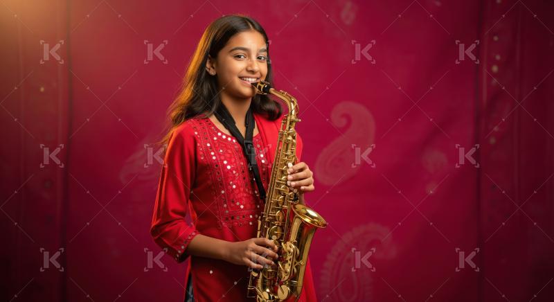 Happy indian girl playing saxophone standing on red background