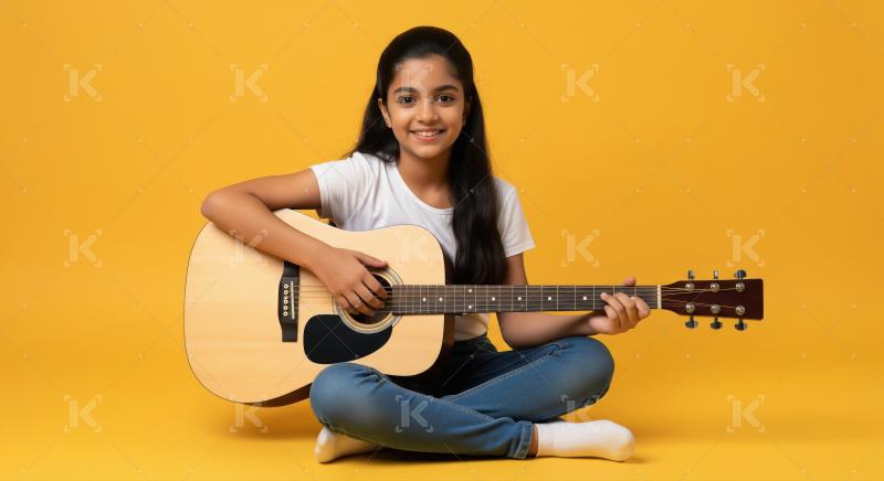 Happy indian girl playing guitar