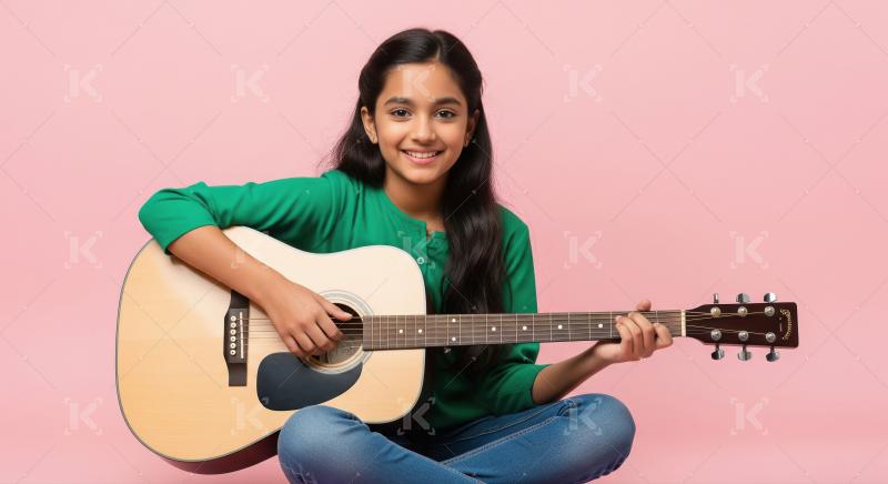 Happy indian girl playing guitar