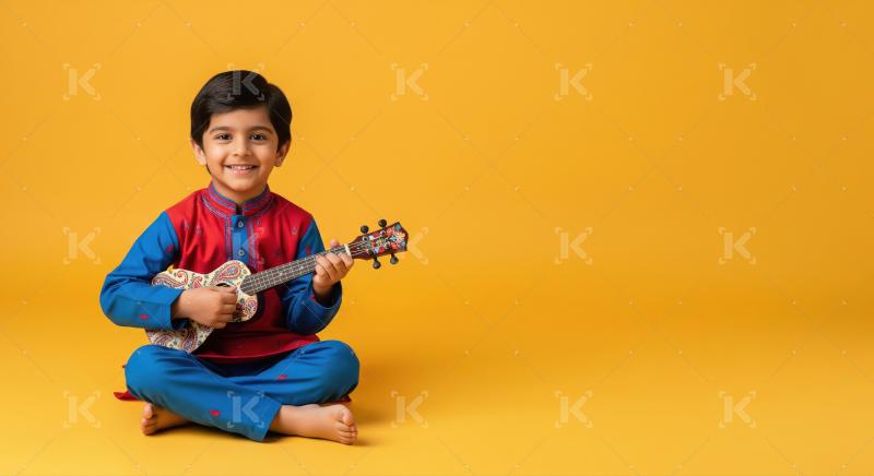 Happy indian boy playing guitar