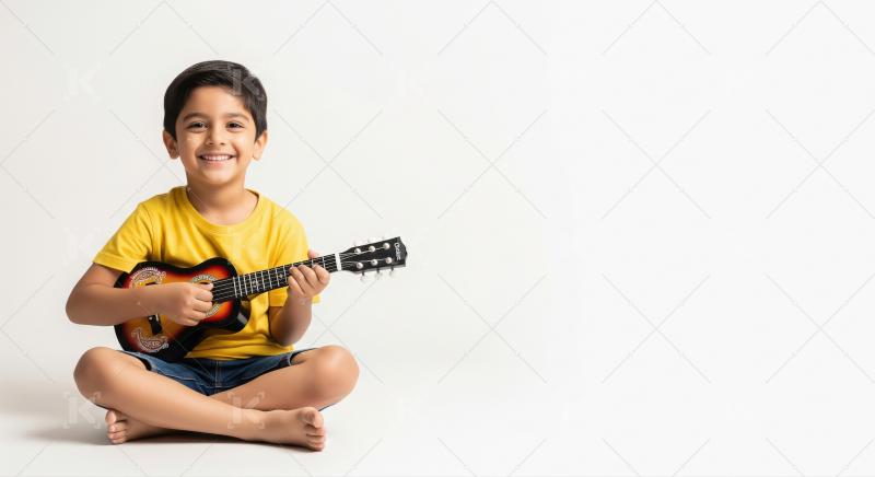 Happy indian boy playing guitar