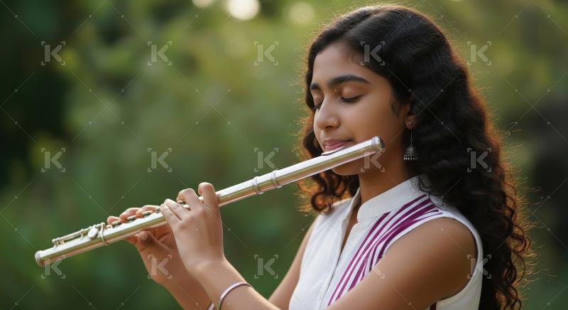 Close up of happy indian girl playing flute