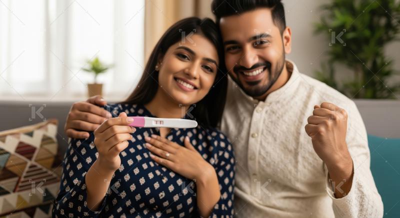 Joyful indian couple is announcing a positive pregnancy test at home