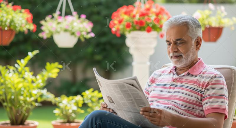 Indian senior man reading news paper at home