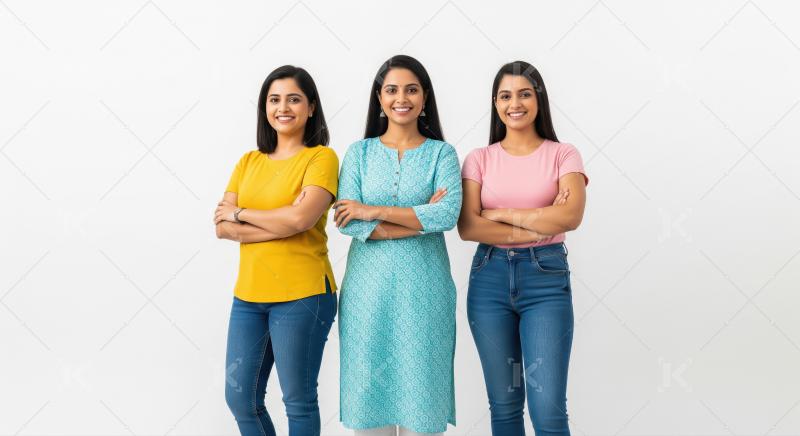 Three young indian women standing together on white background