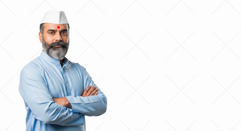 Indian man in traditional white kurta and Gandhi cap