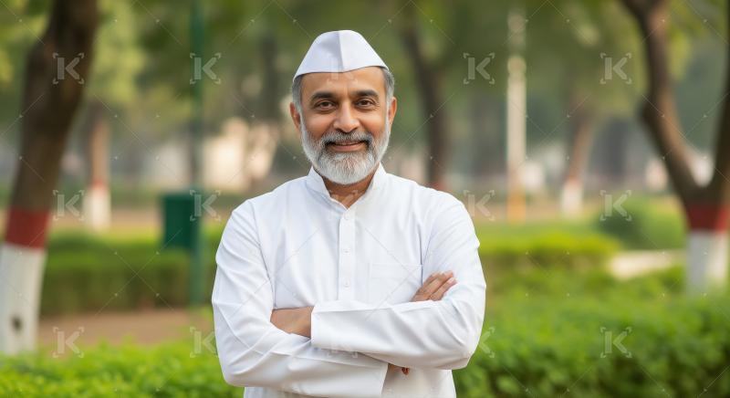 Indian man in traditional white kurta and Gandhi cap