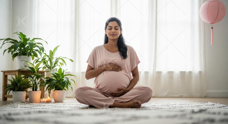 Young indian pregnant woman sitting on floor at home