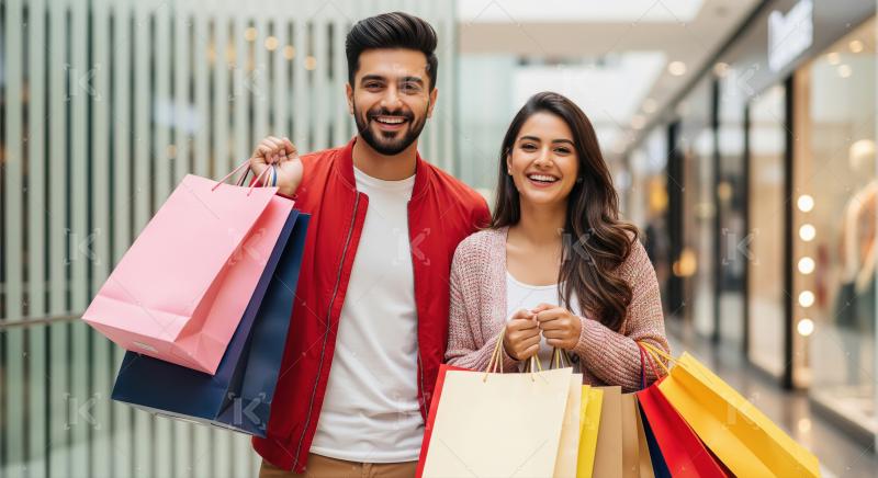 Young indian couple holding shopping bags together
