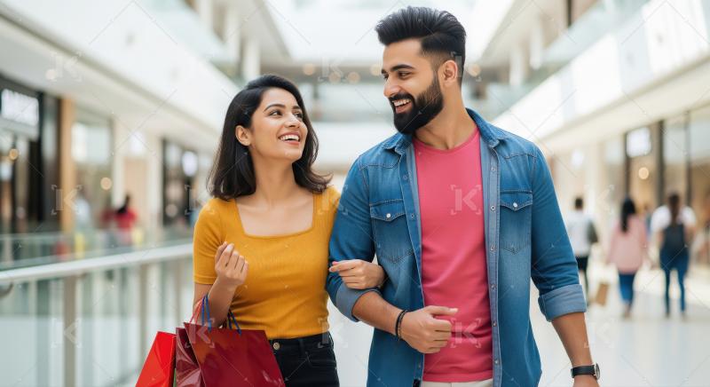 Young indian couple holding shopping bags together