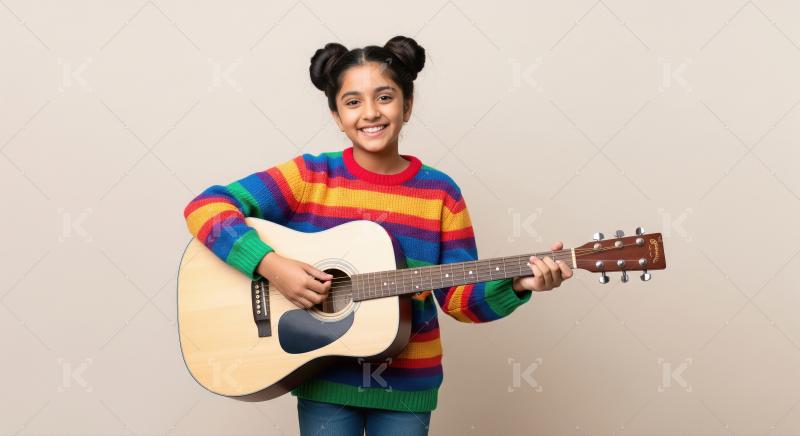 Happy indian girl playing guitar