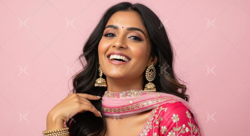 Young indian woman standing with long black stylish hair