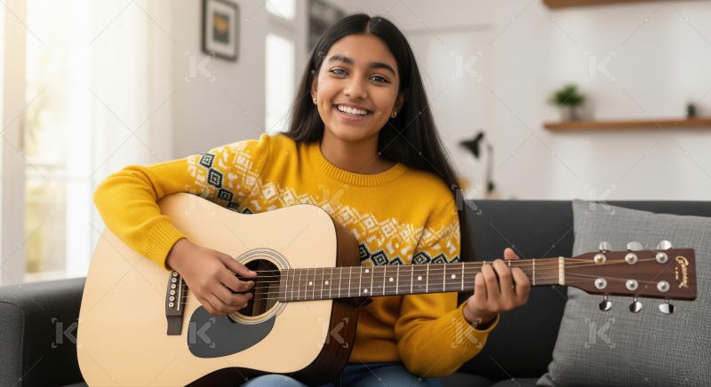 Happy indian girl playing guitar