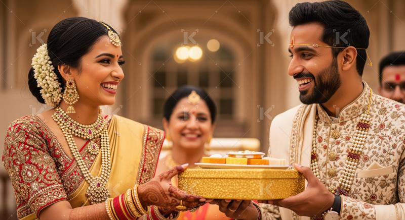 Indian bride and groom in traditional attire exchange ornate trays during a joyful wedding ceremony