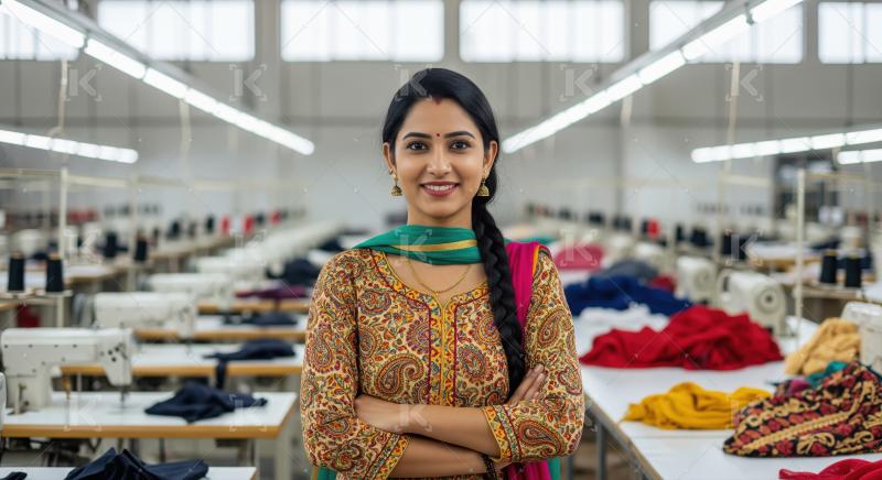 Confident indian woman in traditional Indian attire stands with folded arms in a modern textile factory