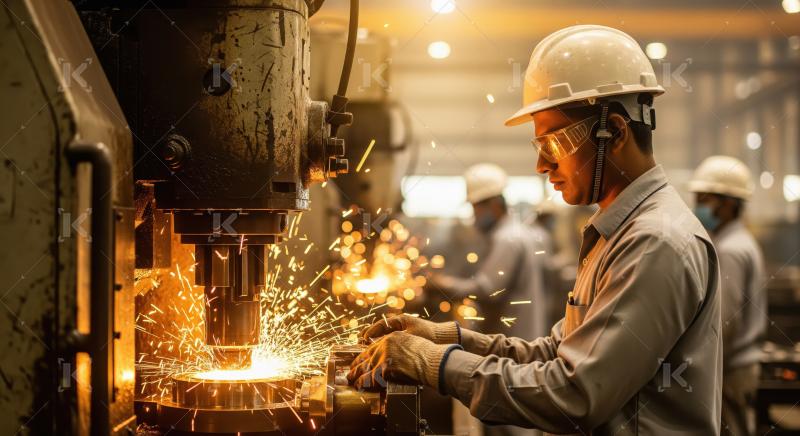 Industrial worker in safety gear operates heavy machinery with sparks flying in a busy factory