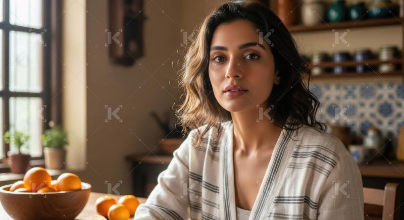 Young indian woman sits peacefully in a sunlit kitchen with a bowl of oranges