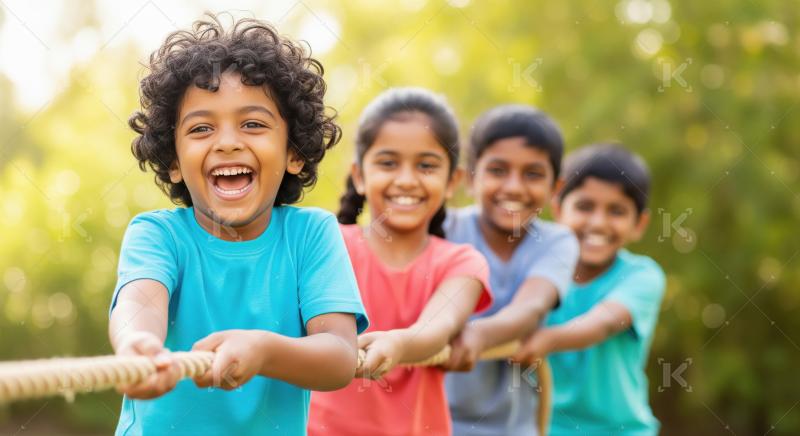 Group of indian kids plays tug of war outdoors