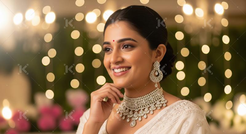 Close up of young indian woman wearing traditional diamond jewelry