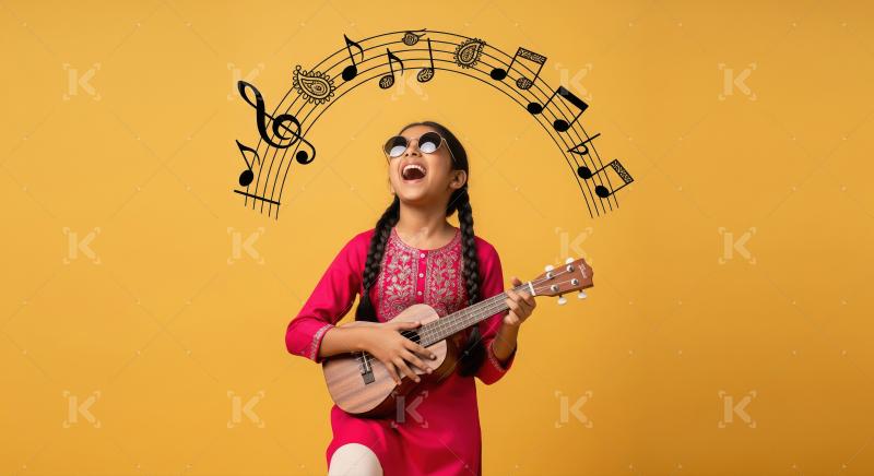 Happy indian girl playing guitar