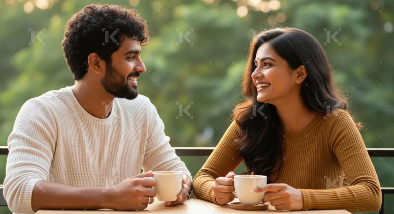 Young indian couple enjoys coffee and conversation together at an outdoor