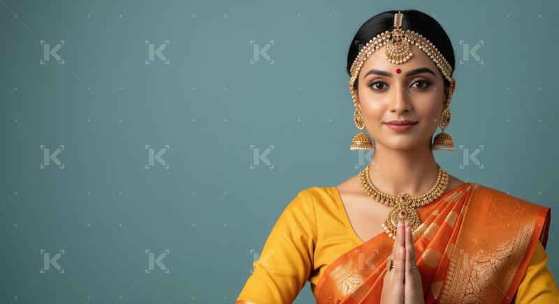 Indian woman in a traditional orange saree and elaborate jewelry performs a graceful namaste gesture