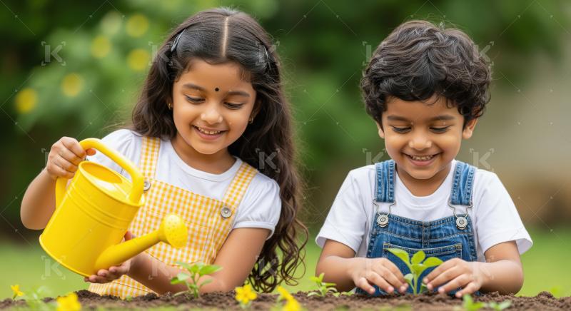 Two indian children happily tend to plants in a garden