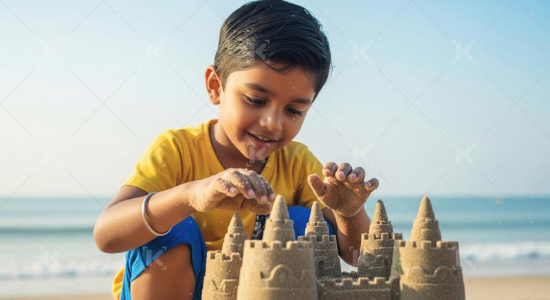Indian boy in a yellow shirt is carefully building a detailed sandcastle on the beach