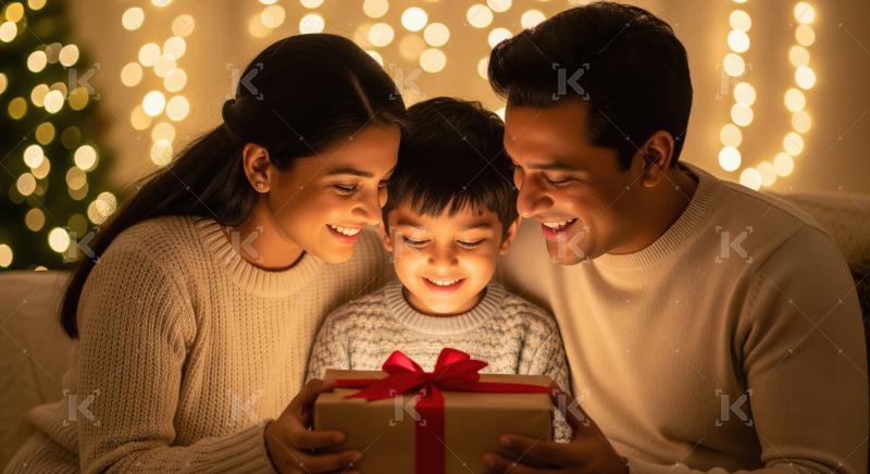 Happy indian family holding gift box together at home