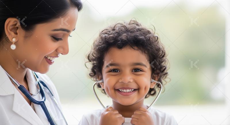 Female doctor and a child hold a stethoscope during a friendly medical checkup