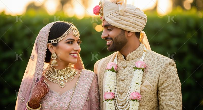 Indian bride and groom wearing traditional attire
