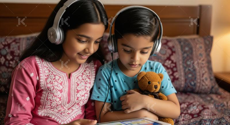 Two indian siblings sit close together on a cozy bed, listening to music with headphones