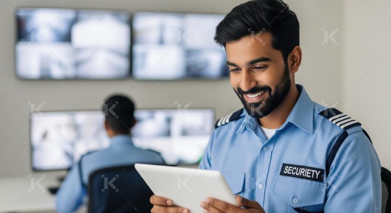 Indian security guards in blue uniforms monitor surveillance cameras and use a tablet in a control room