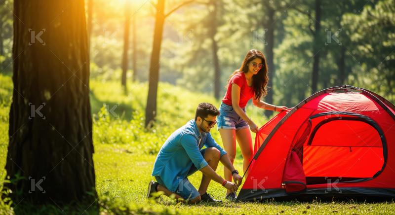 Young indian couple sets up a bright tent together in a sunny forest clearing