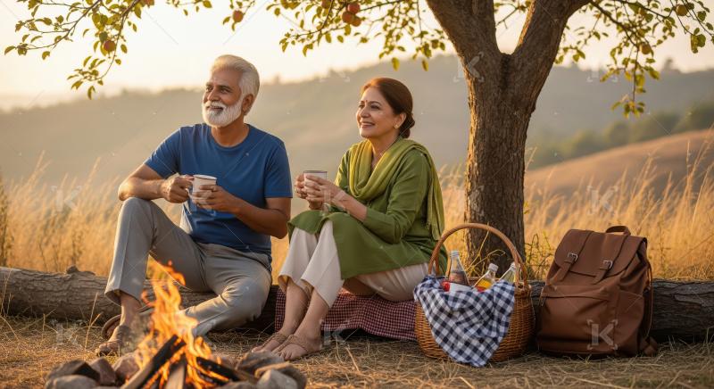 Happy indian senior couple enjoying camping together
