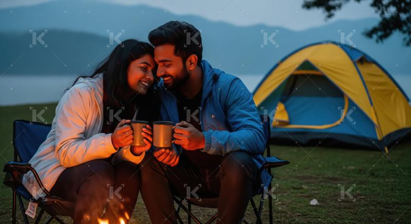Indian couple camping sitting by tent at campsite relaxing and drinking tea