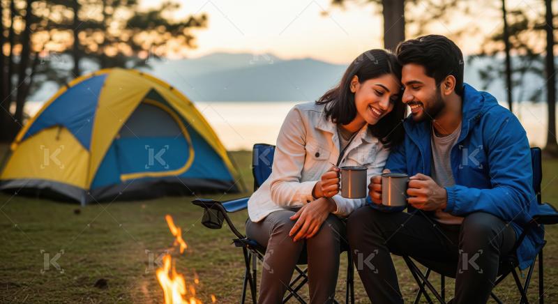 Indian couple camping sitting by tent at campsite relaxing and drinking tea
