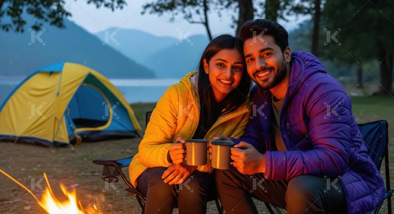 Indian couple camping sitting by tent at campsite relaxing and drinking tea
