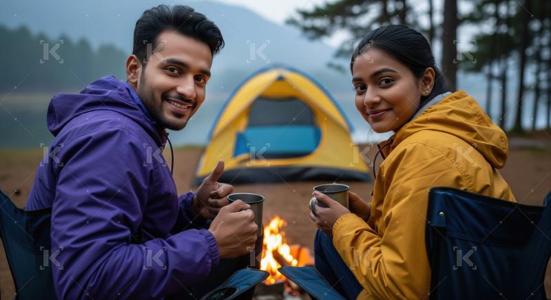 Indian couple camping sitting by tent at campsite relaxing and drinking tea