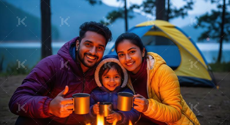Indian couple camping sitting by tent at campsite relaxing and drinking tea