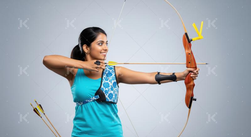 Smiling female archer aiming bow in studio background.